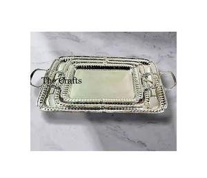 Plateau de service en acier inoxydable couleur argent avec poignées en forme de feuille, ustensiles de cuisine, plateau pour aliments, collations, desserts, chocolat - Product Image 4