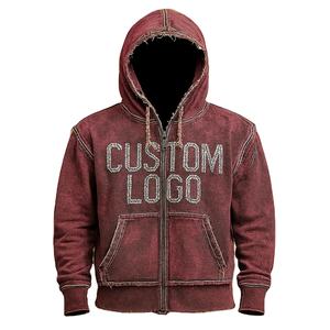 Personalizado Unisex Desgastado Vintage Lavado Cremallera Dobladillo deshilachado Streetwear Chaqueta con capucha rasgada de gran tamaño - Product Image 3