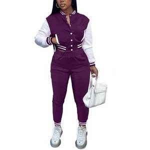 ชุดวอร์มสองชิ้นสำหรับผู้หญิงเสื้อแจ็คเก็ตทีมตัวแทนแขนสั้นปักลายสีม่วงสีขาว - Product Image 3