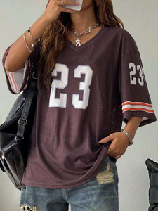 Ropa de calle Boxy Fit malla holgada Jersey camisetas hombro caído cuello en V béisbol malla Top señoras 100% poliéster cuello en V Jersey - Product Image 3