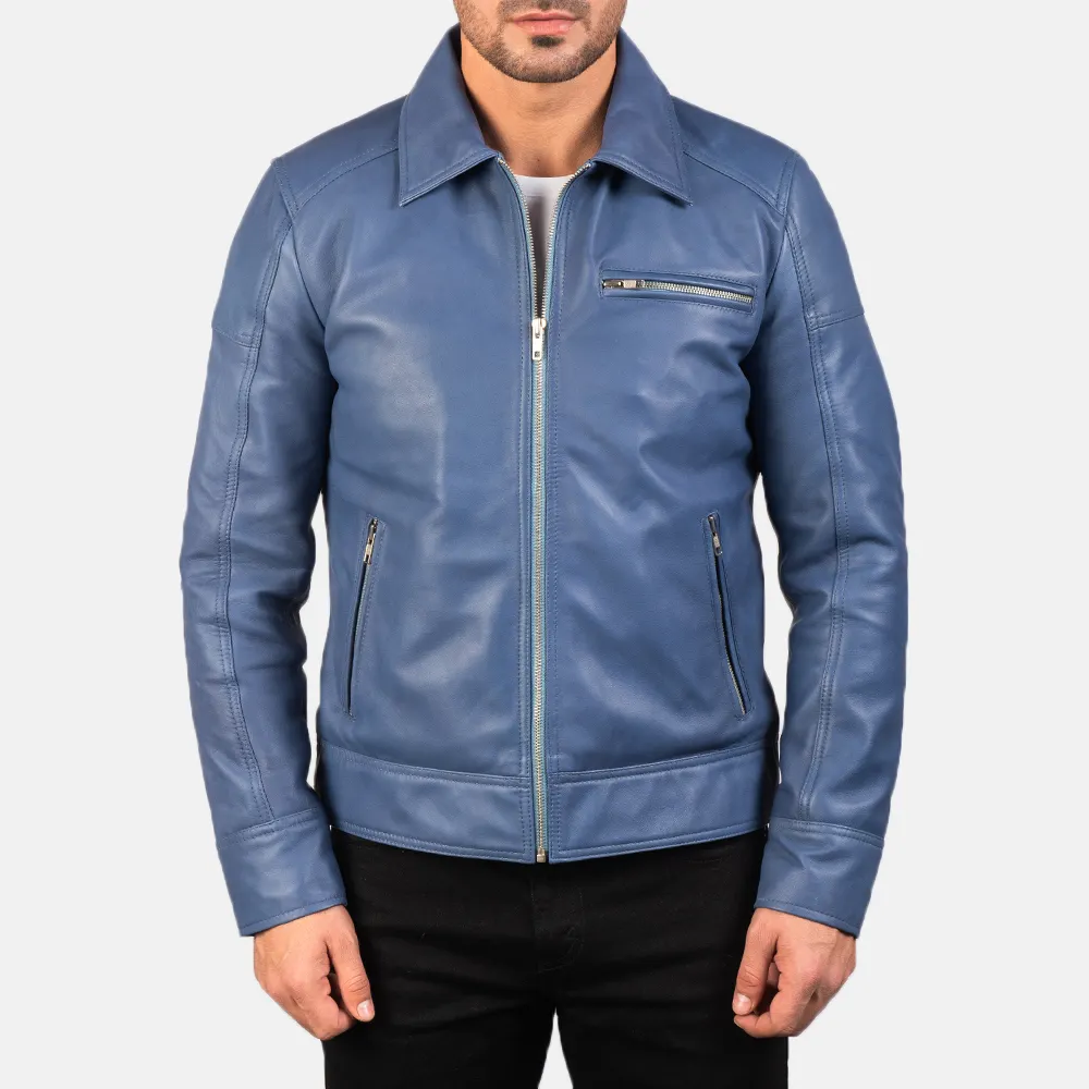 Real Leather Sheepskin Aniline Zipper Lavendard Blue Man Biker Jacket with Quilted Viscose Lining and Inside Outside Pockets