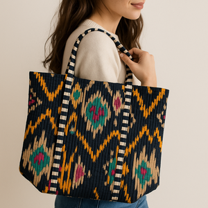 Artisanal Quilted Ikat Print <b>Tote</b> <b>Bag</b> - Eco-Friendly Modern Handbag - Product Image 1