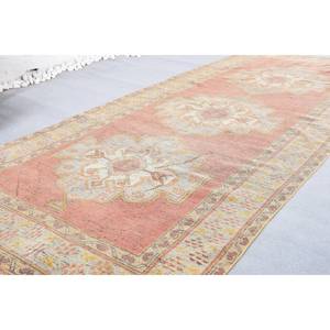 Tapis turc vintage 4.7 x 11.1ft fait à la main Orange Beige laine peluche Pile hauteur grand Rectangle Patchwork couloir pour entrée - Product Image 3