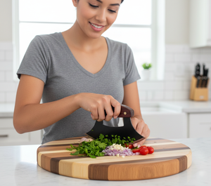 Couteau Ulu en acier inoxydable fait main, bol/planche à découper, 8,5 pouces x 9 pouces, ensemble de couteau en bouleau d'Alaska avec étui - Product Image 2