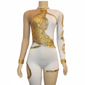 Combinaison de danse asymétrique à une jambe pour femme, blanche et or, à sequins, pour performance, tenue de scène scintillante, costume de danse aérienne - Product Image 3