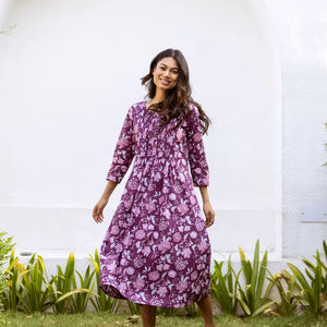 Vestido Bohemio de Morera Hecho a Mano, Estampado a Mano con Bloques, Algodón Casual, Informal, de Algodón Puro con Estampado Floral - Product Image 1