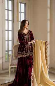 Belle robe d'hiver en velours avec des perles, travail Nakshi Dabka, qualité supérieure, matière légère - Product Image 4