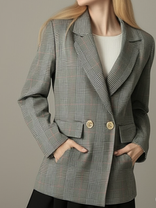 Blazer croisé à carreaux pour femme, col cranté, manches longues, en tissu laine et polyester, style automne, infroissable, tissé - Product Image 6