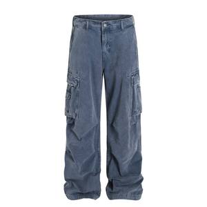 Pantalon de travail bleu rétro vintage pour hommes 100% coton ample jambe droite jeans décontractés multi-poches Style français couleur unie taille - Product Image 1