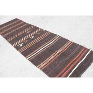 Vintage Kilim Rug 3.9x12.9 ft, <b>Brown</b> White Plants & trees <b>Wool</b> Turkish Rug - Product Image 4