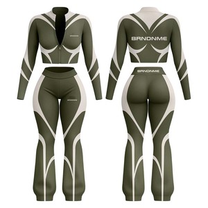 Women fitness <b>tshirt</b> and legging set polyester fabric black grey contrast panel custom heat transfer logo Women's Sets - Product Image 4
