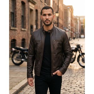 Veste en cuir Cafe Racer pour homme, en cuir de vachette, col à revers, doublure matelassée, veste en cuir véritable, logo personnalisé OEM - Product Image 5