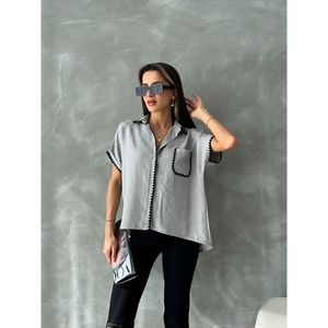 Camisa de lino gris Topshow para mujer con costuras estilo pastor - Blusa informal de algodón y poliéster de ajuste holgado para uso diario - Product Image 2