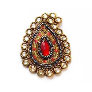 Red Faux Gems. Red . Hand-Beaded, Paisley Appliques | Custom Bullion Hand Embroidery Badge wholesale supplier
