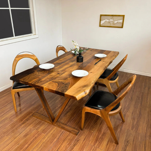 Modern Rectangular Solid Suar Wood Dining Table with Natural <b>Slab</b> Top & Crossed <b>Wooden</b> Base for Hotel & Villa Use - Product Image 2