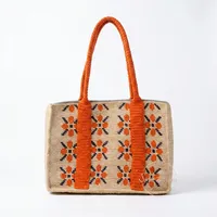Sac fourre-tout bohème au crochet avec broderie géométrique et poignées orange – Sac à main décontracté pour femme, usage quotidien