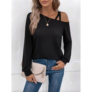 Women'<b>s</b> Long-Sleeve One-Shoulder Cross-Stripe Detail Viscose Two-Thread <b>Blouse</b>, 37482 - Black - Product Image 2