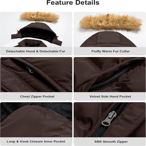 Veste d'hiver matelassée pour homme en marron, parka épaisse et chaude avec capuche en fausse fourrure amovible, coupe-vent, imperméable, vêtements de ski - Product Image 4