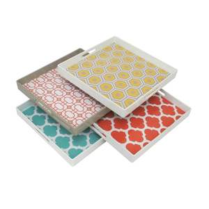 Ensemble de plateaux de service géométriques en bois faits à la main tendance, plateaux décoratifs carrés en laque avec poignées pour table basse, décoration de la maison - Product Image 1