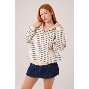 Lustrin Women's Wholesale Hooded Zippered Striped <b>Cardigan</b> <b>Sweater</b> - Stone Gray Cotton Polyester Blend Casual Outerwear - Product Image 6