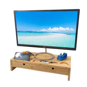 Hot Selling Custom Hout Monitor Riser Holder Desk Laptop Riser Duurzaam Bamboe Monitor Stand Met Lades