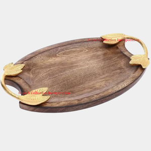 Best Selling Antique Brass Aluminium Handmade Wooden Serving Tray Elongated <b>Light</b> Walnut Finish New Arrival Eco-Friendly <b>Leaf</b> - Product Image 6