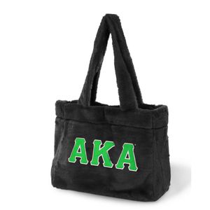 AKA borsa Tote in pelliccia di Sorority nera con lettere verdi ricamate morbido tessuto elegante accessorio collegiale per regalo di confraternita - Product Image 2