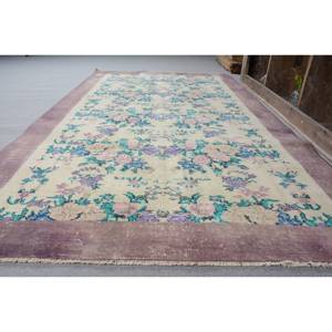 Tapis Turc Vintage Beige Violet 4.6X8 ft Classique Style Boho Laine Latex Support Patchwork Rectangle Couloir pour Décoration de Chambre - Product Image 2