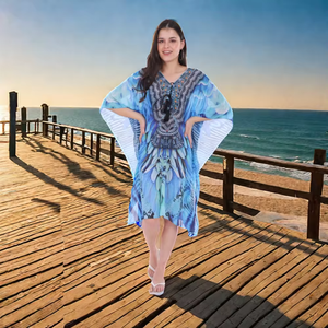 Kaftan en mousseline de soie imprimé graphique perlé ceinture maillot de bain recyclé rayé plage bijou robe de couverture vêtements de plage Bikinis - Product Image 1