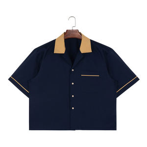 Custom Cotton Short Sleeve Covered Button Turn-down Collar Breathable <b>Summer</b> <b>Men's</b> <b>Shirts</b> Chain Embroidery Boxy Cropped Designer - Product Image 4