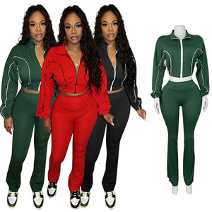 Ensemble décontracté sportif 2 pièces pour femme, automne, manches longues, uni, fermeture éclair, pantalon à chevilles, tenue courte, skinny, tricot, écologique - Product Image 5