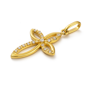 Pendentif Croix Florale en Or Jaune 14K Fait Main, Bijoux Religieux Fins avec Pierres de Zircone Cubique de 1,25 mm, Vente en Gros pour Femmes - Product Image 2
