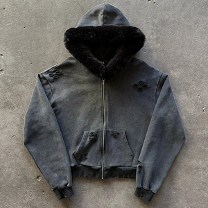 <b>Top</b> Quality Customized <b>Fur</b> Lined Distressed Hoodie Street Style Unisex Wear Premium 100% Cotton Fleece Acid Wash Hoodie - Product Image 1