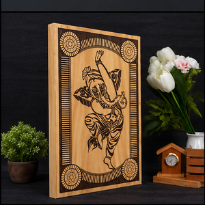Art mural traditionnel en bois de manguier écologique avec motif gravé de Ganesha, décoration rectangulaire pour la maison, salon, Diwali - Product Image 5