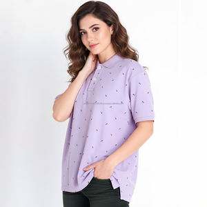 Camiseta Polo de Punto Casual para Mujer, Cuello Redondo, con Botones, Estampado a Rayas en Blanco y Azul, Marca Fit2Fight - Product Image 3