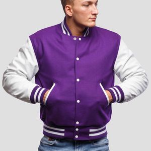 Veste universitaire personnalisée pour hommes Bomber Letterman Retro Winter Corps en pure laine à manches en cuir de mouton véritable Vente en gros - Product Image 1
