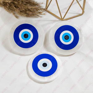 Precio de Fábrica, Calidad AAA, Placa Redonda de Cristal de Selenita de 3 Pulgadas con Ojo Turco para Meditación y Limpieza Energética, Anshul Impex - Product Image 4
