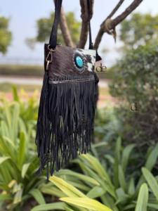 New Collection Cowhide Fur Leather Fringe Handbag Turquoise Stone Sling Bag Multi Uses Stylish Bags Bohemian Tassel Fringe Bag - Product Image 2