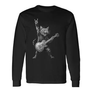 T-Shirt a Maniche Lunghe con Gatto Chitarrista Rock and Roll, Immagine Promozionale di Gatto Musicista Rock - Product Image 1
