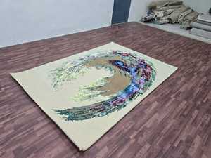 Alfombra Oushak azul marino 9x12 Alfombra grande otomana turca con patrón abstracto Alfombra turca de gran tamaño estampada en beige - Product Image 4