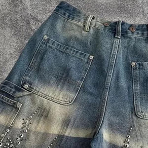 Shorts délavés vintage pour hommes Offre Spéciale avec logo de broderie de conception personnalisée Style décontracté Shorts en jean avec strass en gros - Product Image 5