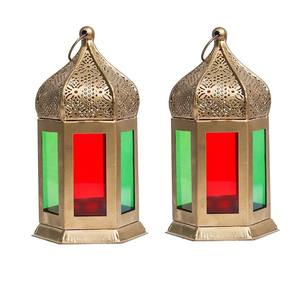 Juego de 2 linternas de metal dorado, linternas colgantes y de mesa de estilo marroquí para uso festivo y de decoración de eventos en el jardín del hogar - Product Image 1