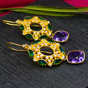Chrome Diopside White Topaz Amethyst Earring 925 Sterling Silver Gemstone Gold Plated Women <b>Couple</b> Precious - Product Image 5