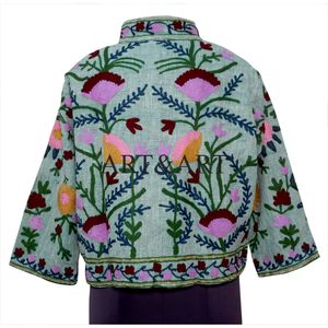 Veste en coton tricoté matelassée Suzani respirante pour femmes Broderie élégante Confortable Poche ouverte sur le devant Tendance Hiver - Product Image 5