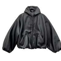 Veste d'hiver décontractée pour homme, mode coréenne, courte, surdimensionnée, en cuir PU noir avec capuche, fermeture éclair, douce, chaude, vêtements amples