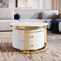 Table basse ronde moderne en deux parties, blanche, avec tiroirs, pieds en métal doré, pour salon