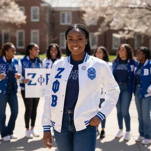 Chaquetas Bomber Personalizadas OEM de Invierno, Delgadas, de Satén, Resistentes al Viento, Antibacterianas, para la Hermandad Griega Zeta Phi Beta, con Cuello Alto - Product Image 1