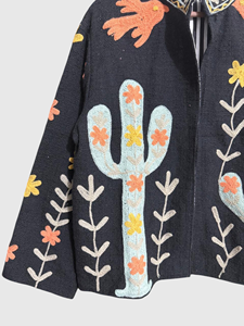 Veste à col mandarin brodée à la main avec motif cactus, manches longues, coupe ample, vêtements de printemps pour adultes, coton, taille plus pour femmes - Product Image 4