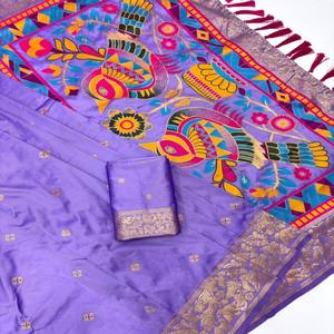Sari en soie douce VASTRA COTTAGE, or zari, motif floral Meenakari, bordure fantaisie Sparrow Pall, qualité originale avec blouse assortie - Product Image 4