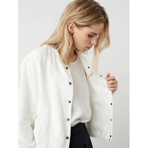 Blouson bombardier en lin baggy à manches longues pour femmes col montant traitement brut fermeture à boutons tissé rempli de coton pour l'automne/hiver - Product Image 2